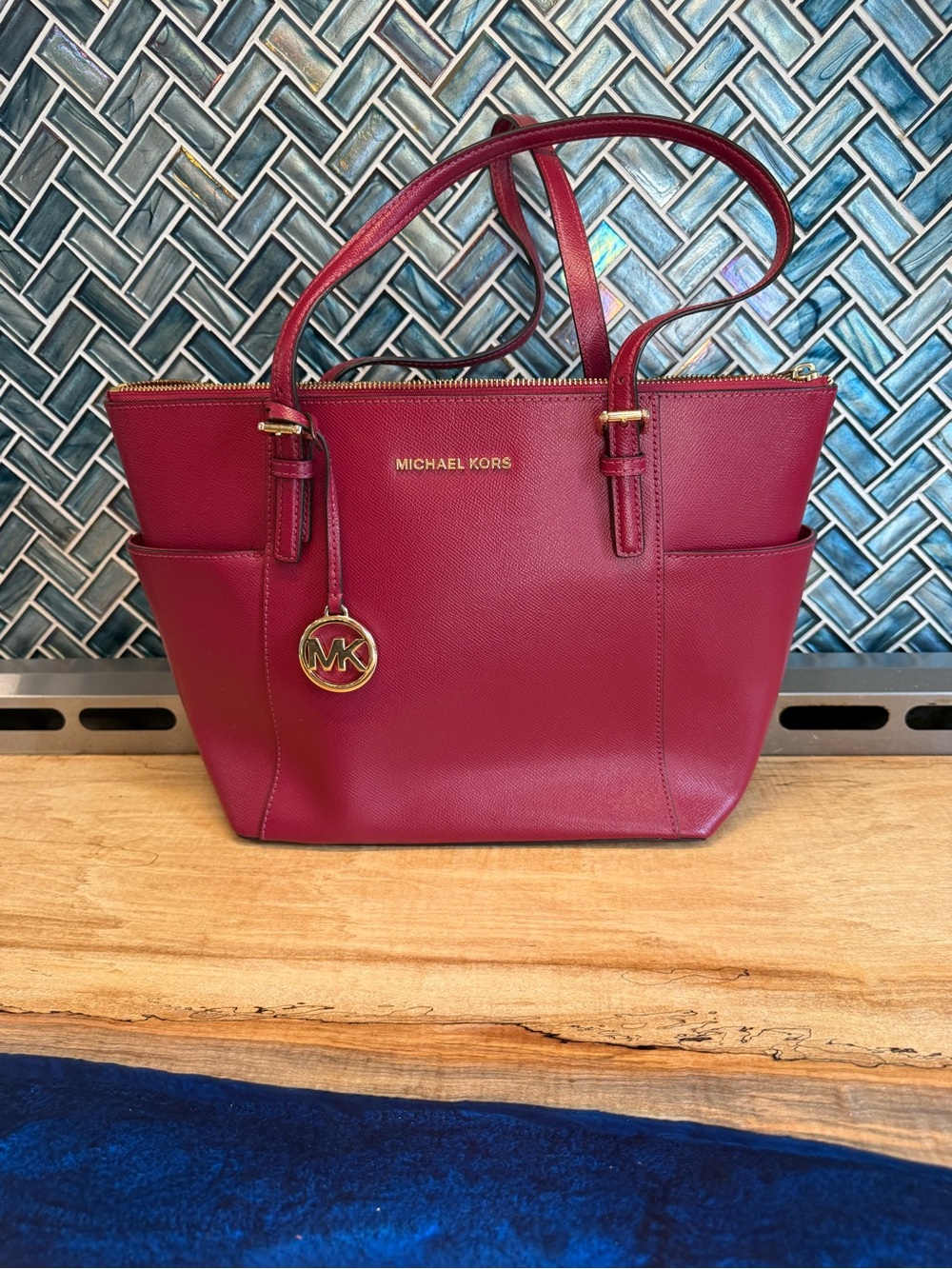 Michael Kors Red Saffiano Leather Tote with Gold Hardware
